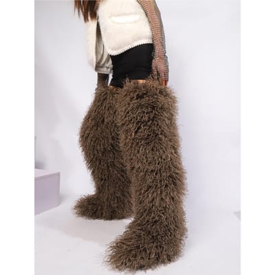 Dijenhoge Pluizige Laarzen Dames Vrouwen Winter Furry Faux Vossenbont Lange Warme Schoenen meisjes Nieuwe Designer Pluche Knielange Bontlaarzen 43 black