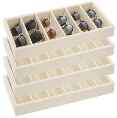 Zonnebril Organizer met 6 Roosters - Fluwelen Lade voor Sieraden en Accessoires - Stapelbare Display Organizer (Beige)