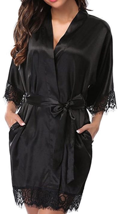 Sexy dames kimono - Maat XL - Zwart - Kant - Avondjas - Satijnen badjas - Zwart - LOUZIR