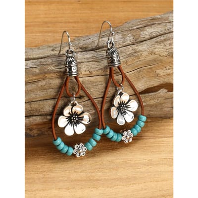 1 Paire Boucles d'Oreilles Pendantes Bohèmes en Alliage avec Pendentifs Fleur de Prunier et Perles Turquoises, Double Rangée, Bijoux Vintage à la Mode Cadeau one-size multicolore