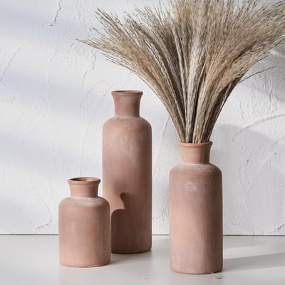 Famanu – Keramische rustieke boerderij vazenset van 3, witgekalkte terracotta aardewerk vazen voor woonkamer, plank en schoorsteen