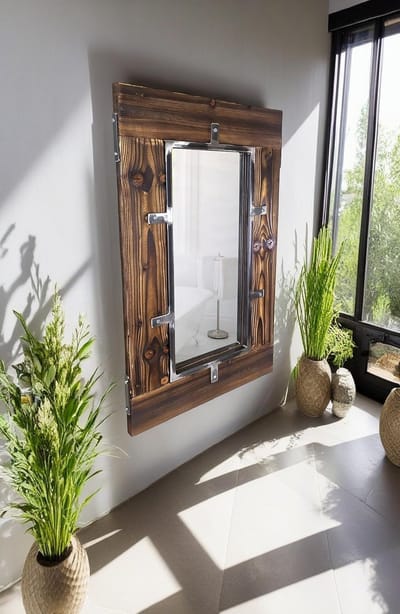 CHYRKA® Wall Mirror (60x80cm, Natural Color) Hanging Wardrobe Mirror for Living Room Bedroom for Wardrobe Base Made of Natural Wood Solid Metal Handmade