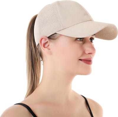 Zomer Effen Kleur Baseball Cap – Dames Athleisure Hoed – Beige – Kruis Paardenstaart Mesh Pet – Sneldrogende Vizierhoed – Sportieve en Comfortabele Zonnepet voor Buitenactiviteiten