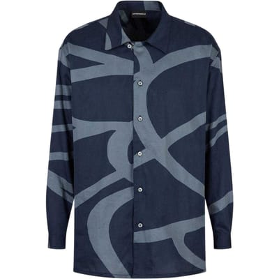 Emporio Armani Heren Abstracte Katoenen Lange Mouwen Shirt (Blauw)