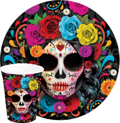 Fiestas Day of the dead feest servies set - borden/bekers - 24x - gekleurd - papier