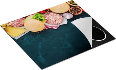 Chefcare Inductie Beschermer Hamburger Ingrediënten op een Marmeren Plaat - 60x50 cm - Afdekplaat Inductie - Kookplaat Beschermer - Inductie Mat