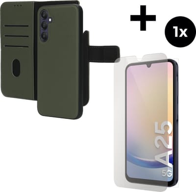 Mobiparts Leather 2 in 1 Wallet Case hoesje geschikt voor Samsung Galaxy A25 met 1 Screenprotector van Gehard Glas - Groen