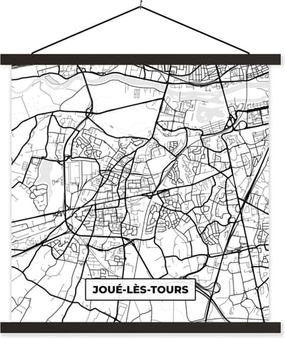 Posterhanger incl. Poster 60x60 cm - Schoolplaat - Frankrijk - Joué-lès-Tours - Plattegrond - Stadskaart - Kaart - Zwart wit - Textielposter - Zwarte latten - Stadskaart