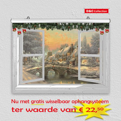 Kerstposter - winterdoek - 60x45 cm - doorkijk - wit venster victoriaans landschap - winter poster - kerst decoratie- kerstinterieur - kerst wanddecoratie