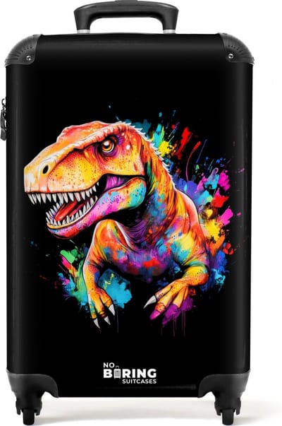 NoBoringSuitcases.com® - Kinderkoffer jongen - Kindertrolley jongens - Dinosaurus met kleurrijke graffiti - Handbagage koffer lichtgewicht - Reiskoffer trolley kinderen - Rolkoffer met wieltjes - Past binnen 55x40x20 en 55x35x25