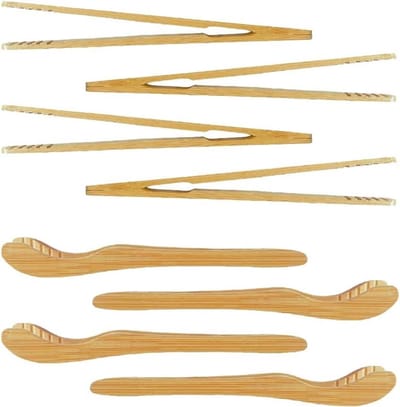 Bamboe Tangen - Houten Keukentools - Eten Serveren - Antislip Groeven - 8 Stuks - Natuurlijk Hout