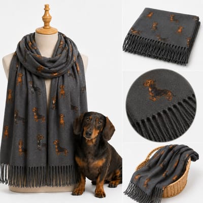 Teckel Sjaal - Grijs - Lichtgewicht & Stijlvol - Katoenmix - Met Teckelprint & Kwastjes - Voor Dames & Hondenliefhebbers - Zomer & Winter Accessoire - 70x180 cm