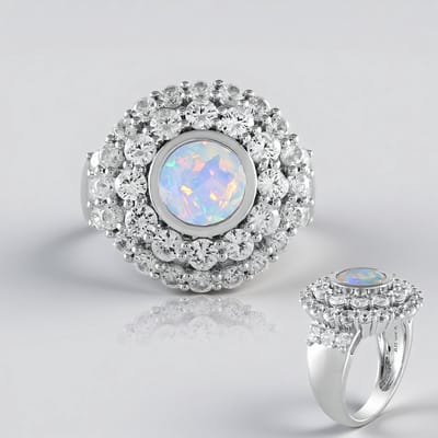Cavill - Zilveren ring 925 Sterling zilver, geplatineerd - Welo-opaal 0,93 ct rond - Cambodjaanse zirkonia 4,57 ct - Elegant, uniek design maat 16-20
