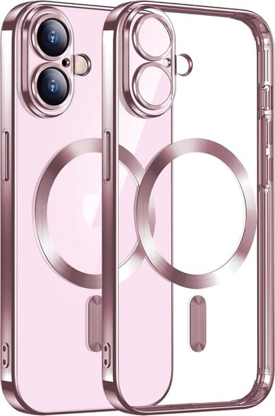 Hoesje Geschikt voor iPhone 16 Magsafe hoes - Lens beschermer – backcover – Transparant/Rosegoud