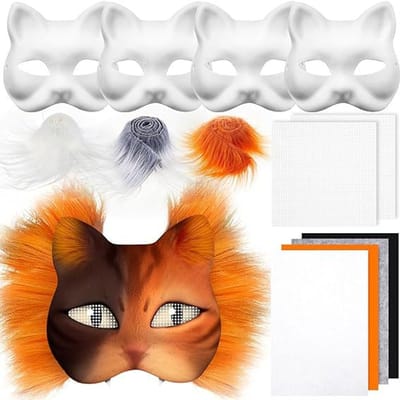 DIY Maskerset - 4 stuks - Maskers - Inclusief vilten accessoires - Pluche materiaal - Ongeverfd - Oogjes van gaas - Handgeschilderd - Halloween kattenmasker (blanco basis/handgeschilderd) - Geschikt voor feestkostuums - Wit