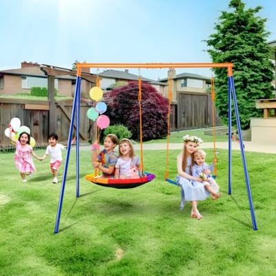 VEVOR Tuinschommelsets, draagvermogen 200 kg, met 1 plaatschommelzitje, 1 riemschommelzitje, stevige metalen A-frame schommelstandaard en verstelbaar touw, buitenschommelset voor kinderen
