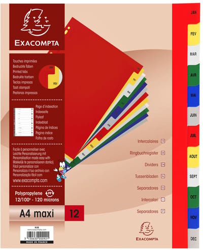 Exacompta Tabbladen met bedrukte tabs in gekleurde PP - 12 tabs - januari/december - A4 maxi - Geassorteerde felle kleuren - 92E