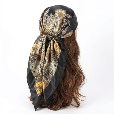 Zwart multicolor bandana dames – vierkante satijn look hoofddoek met sierlijke paisley print – geschikt als haar bandana, headscarf en fashion accessoire
