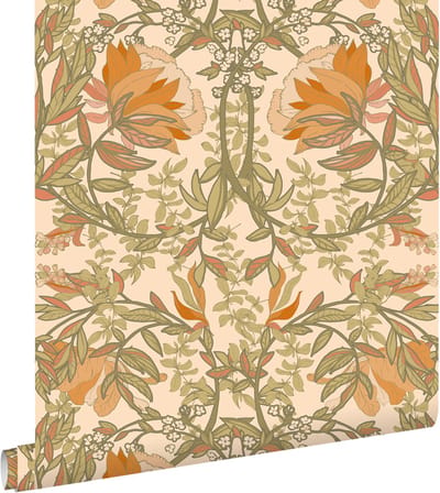 ESTAhome behang vintage bloemen in art nouveau stijl groen, oranje en beige - 50 x 900 cm - 131697