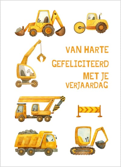 Wenskaart van harte gefeliciteerd met je verjaardag met bouwmachines – 10x15 cm – verjaardagskaart kind – 400 grams papier – inclusief kraft envelop