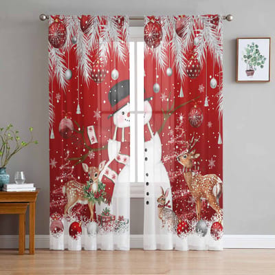Kerstbal Sneeuwpop Eland Kerstboom Rood Transparante Gordijnen Woonkamer Decoratie Raamgordijnen Keuken Tule Voile Gordijnen W135 x H115cm x1 brown