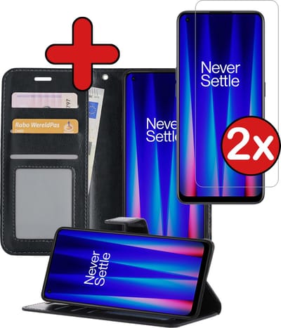 Hoesje - Met 2x Screenprotector - Geschikt voor OnePlus Nord CE 2 - Luxe Pasjeshouder - Flip Case - Bookcase Portemonee - Kunstleer Book Case - Flipcase Hoes - Book Cover - Walletcase - Portemonneehoes - Telefoonhoes - Zwart