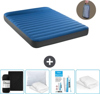 Intex Luchtbed - 2-Persoons - 152 x 203 x 22 cm - Blauw - Inclusief pomp - Hoeslaken - Kussen - Reparatieset en Kussenbeschermer