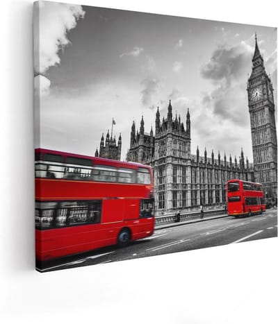 Artaza Canvas Schilderij Big Ben - 50x40 cm - Wanddecoratie Londen Skyline - Muurdecoratie Dubbeldekker Bus - Kamer Accessoires