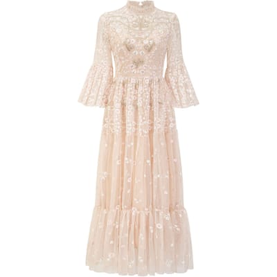 Roze Mesh Borduurjurk, Hoornmouwen, 7/8 Lange Rok, Verjaardagsfeestjurk. L