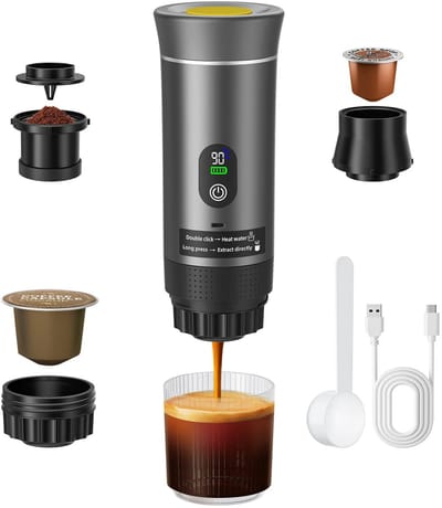 Linkforu - Espressoapparaat voor Capsules of Gemalen Koffie voor Onderweg - Warm of Koud – Oplaadbaar - 12Volt – 72 Watt – 90 °