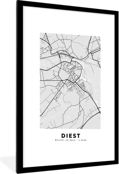 Fotolijst incl. Poster Zwart Wit- Plattegrond – Diest – Zwart Wit – Stadskaart - Kaart - 60x90 cm - Posterlijst