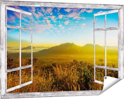 Gards Tuinposter Doorkijk Bergen met Mist in Thailand - 120x80 cm - Tuindoek - Tuindecoratie - Wanddecoratie buiten - Tuinschilderij