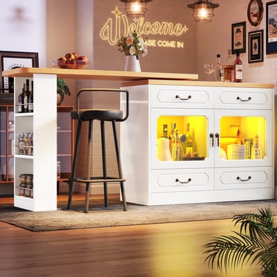 Wishdor - Uitschuifbare bartafel - 360° draaibaar blad en opbergruimte - Led-verlichting - Voor eetkamer en woonkamer - Houtlook en glas - Natuur en wit - 135-203 cm