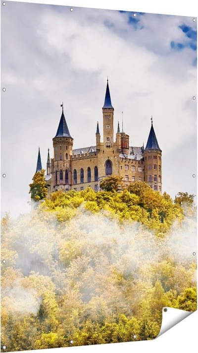 Gards Tuinposter Kasteel op de Berg in het Bos - 120x180 cm - Tuindoek - Tuindecoratie - Wanddecoratie buiten - Tuinschilderij