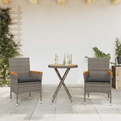 vidaXL - 3-delige - Bistroset - met - kussens - poly - rattan - en - acaciahout - grijs