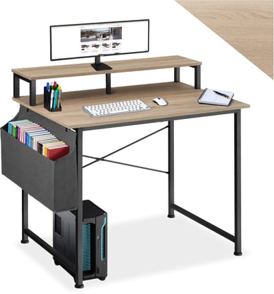 tectake® Bureau met opbergtas en monitorstandaard - Computerbureau - Houten bureaublad - Industrieel design - Zwart metalen frame - Afmetingen (LxBxH) 120 x 55x 90 cm - Lichtbruin