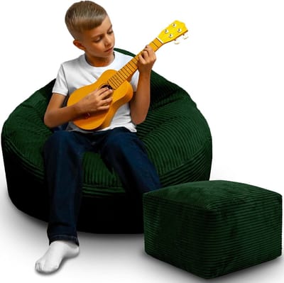DreamRoots Zitzak voor Volwassenen & Kinderen – Corduroy Bean Bag Stoel met Voetsteun & Hoes – Inclusief Vulling – 70x70x70 cm – Forest Symphony