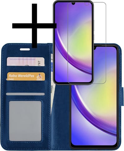 Hoesje - Met Screenprotector - Geschikt voor Samsung Galaxy A34 - Luxe Pasjeshouder - Bookcase Portemonee - Flip Case - Kunstleer Book Case - Flipcase - Book Cover - Walletcase - Portemonneehoes - Donkerblauw
