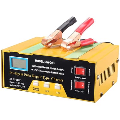 12V/24V acculader Intelligente pulsreparatielader met digitaal display voor autocellen EU Plug beige