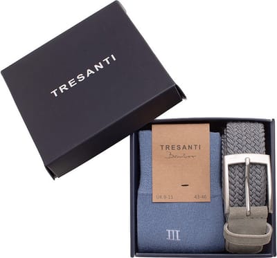 TRESANTI | ZENO I Giftbox gevlochten riem met bamboe sokken | Petrol | Size 85