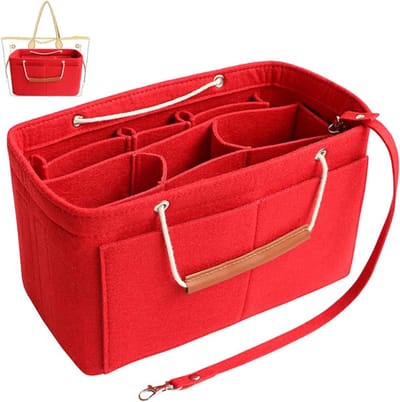 Famanu – Handtas organizer insert met 11 vakken - vilten tasinzet voor dameshandtassen en shoppers - houdt inhoud overzichtelijk en beschermd - lichtgewicht en vormvast - rood maat S