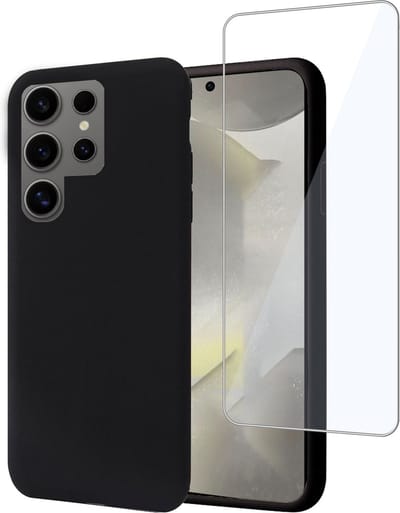 Geschikt voor Samsung Galaxy S24 Ultra - Hoesje + Screenprotector – Gehard Glas Cover - Suède Case Zwart
