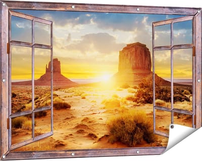 Gards Tuinposter Doorkijk Zonsondergang in Woestijn Monument Valley - 120x80 cm - Tuindoek - Tuindecoratie - Wanddecoratie buiten - Tuinschilderij