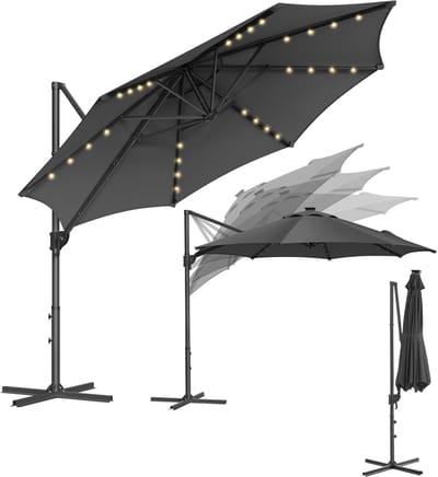 SONGMICS Parasol, Zwevende parasol, 300 cm, 28 LED-lampjes op zonne-energie, UPF 50+, Tuinparasol, 360° draaibaar, Kantelhoek traploos verstelbaar, met slinger, Kruisvoet, Grijs GPU047G02