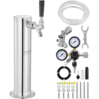 VEVOR Kegerator Tower Kit, bierconversiekit met één tap, biertapsysteem van roestvrij staal met dubbele meter W21.8-regelaar en A-System-vatkoppeling, lekbak voor bier voor thuisfeesten