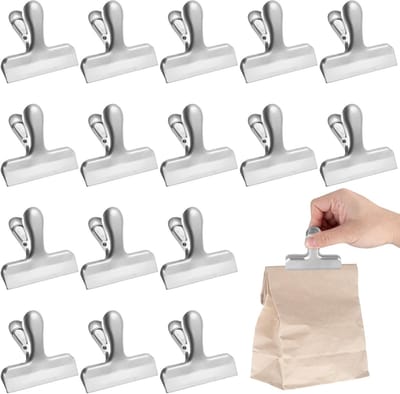 16 stuks sluitclips voor zakken, 78 mm sluitklemmen, roestvrij stalen klemmen voor zakken, metalen klemmen, roestvrij staal, sluitclips, clips voor zakken, zaksluitclips, groot, voor keuken, kantoor