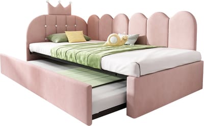 90x200 cm slaapbank - met uitschuifbaar bed 90x190 cm - L-vormig - kroonruitpatroon ontwerp - kinderbed - zonder matras - roze