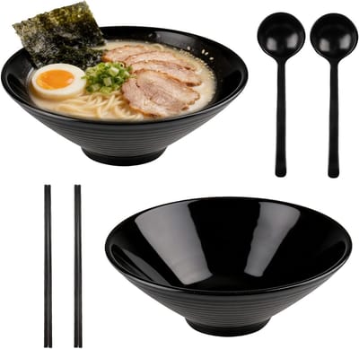 Set van 2 Herbruikbare Ramenkommen met Lepel en Eetstokjes - Perfect voor Soepen, Salades en Noedels - 1000 ml, Zwart