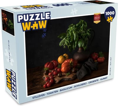 Puzzel Stilleven - Tomaten - Basilicum - Schilderij - Groente - Zwart - Legpuzzel - Puzzel 1000 stukjes volwassenen