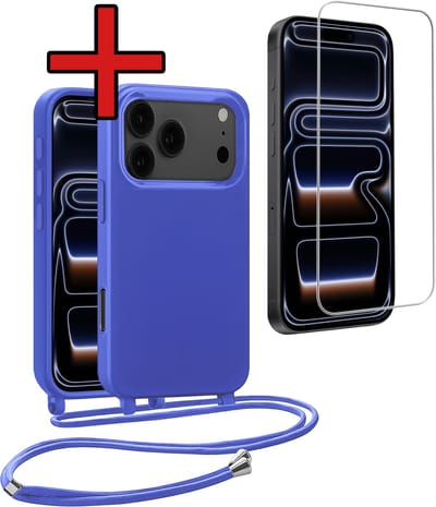Hoesje Geschikt voor iPhone 17 Pro / 18 Pro Hoesje Siliconen Case Met Koord Met Screenprotector - Hoes Geschikt voor iPhone 17 Pro / 18 Pro Hoesje Backcover Met Telefoonkoord - Felblauw